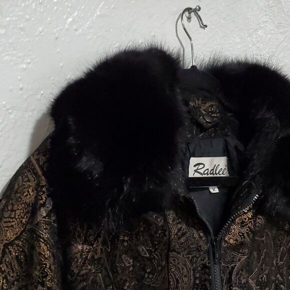 Vintage 1960s Radlee Patterned Leather Coat with Genuine Fox Fur Collar Sz M - Picture 3 of 16